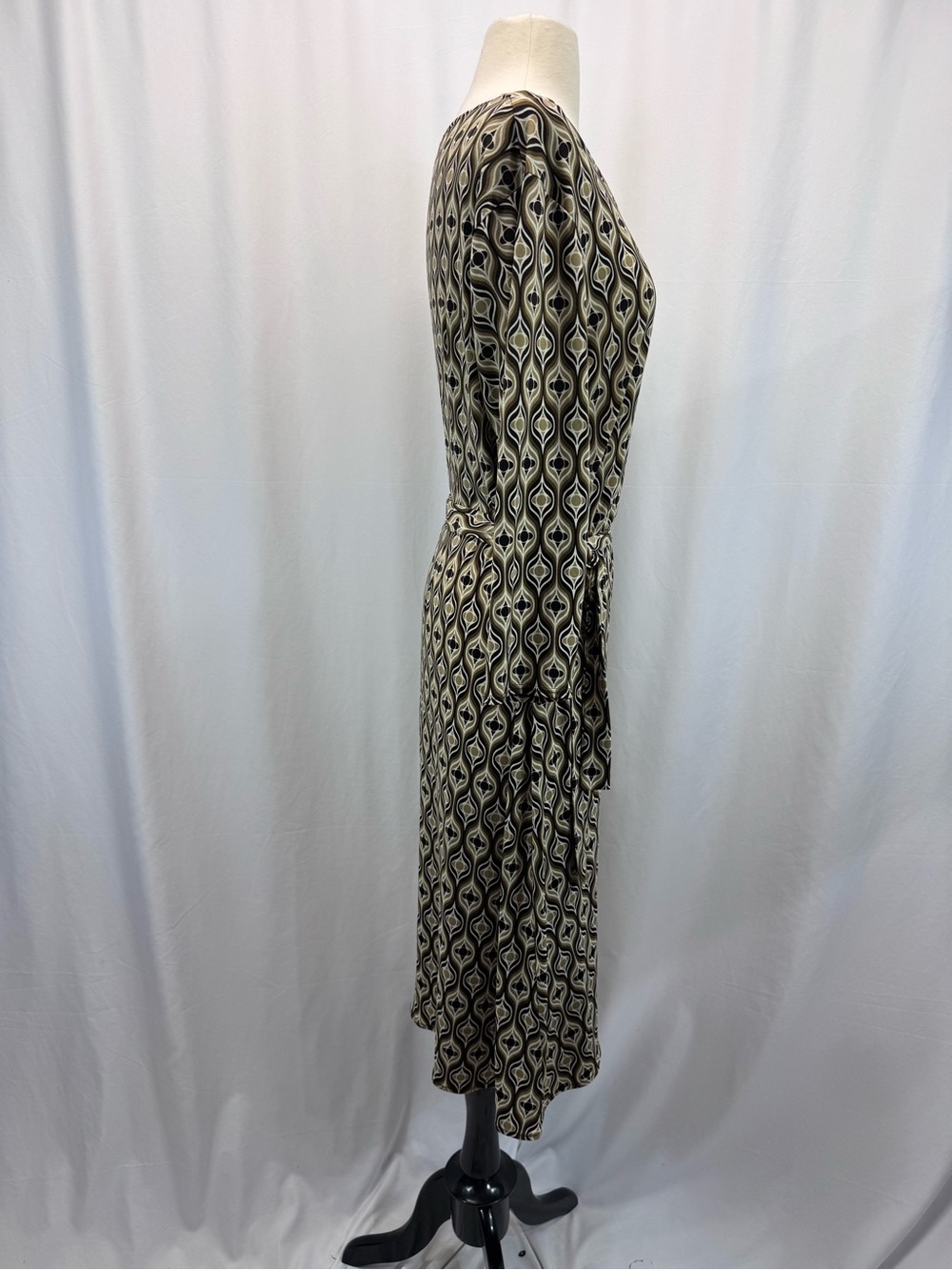 dressbarn Tan Black Printed Wrap Dress 14W Tie Boho Smart Casual Artsy Earthy - Picture 9 of 11